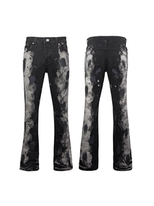 Pantaloni da Uomo a Campana in Denim di Cotone Lavaggio Acido con Schizzi d'Inchiostro Vintage Streetwear Hip Hop Casual Grigio Nero