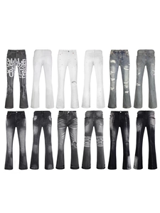 Men Retro Flared Jeans Distressed Ripped Slim Fit Stretch Denim Pants Vintage Washed Flare Leg Trousers Streetwear Style