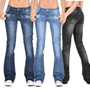 Detailed comparison of low-waist flare jeans in dark blue, light blue, and grey-black colors