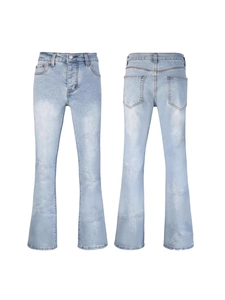 Men's slim fit flared jeans in light blue wash with white star embroidery details