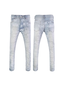 Slim fit light blue jeans featuring white graffiti letters and classic multi-pocket design