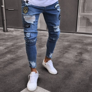 Slim fit light blue distressed jeans for men with military style army patches and ripped knees
