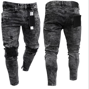 Men's slim fit jeans in gray marble wash with knee distress and ankle zippers