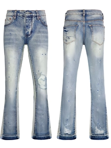 Men's Washed Blue Flared Denim Jeans Distressed Paint Splatter Embroidered Workwear Style Streetwear Flared Leg Cargo Pants
