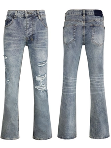 Men Distressed Flare Jeans Vintage Light Blue Wash Cotton Denim Pants High Street Streetwear Outfits For Men