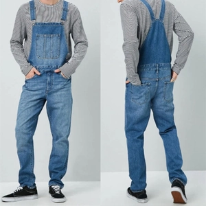 Classic men's blue denim overalls with adjustable straps and multi-pocket workwear design