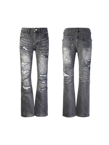 Men's Streetwear Ripped Flare Jeans Distressed Embroidered Paint Splatter Denim Pants Dark Gray Slim Fit Trousers