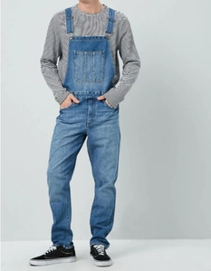 Classic men's blue denim overalls in straight leg fit with adjustable metal buckles and chest pocket
