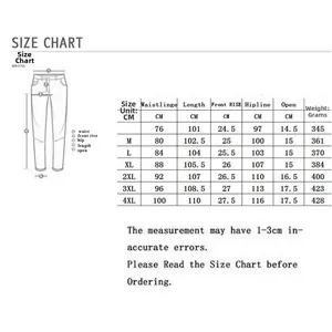 Size chart for men's denim overalls including waist and length measurements S to 4XL