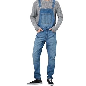 Men's blue denim overalls with adjustable straps and front pocket on white background