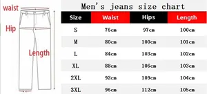 Detailed men's slim ripped jeans size chart showing waist, hips, and length in cm