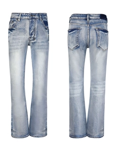 Jeans Évasés Retro Bleu Clair Lavés Vieillis pour Hommes Vintage American Streetwear Pantalons en Denim Bootcut Avec Broderie de Croix