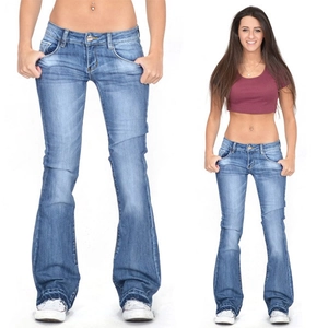 Detail of blue stretch flare jeans featuring slim fit low waist design and bell bottom hem