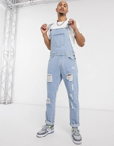 Classic men's light blue distressed denim overalls with straight leg and adjustable straps