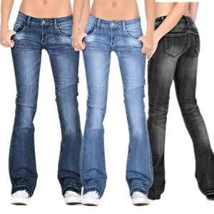 Slim fit stretch flare jeans for women in dark blue, light blue, and charcoal grey tones