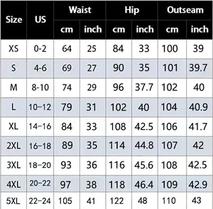 Detailed size chart for women jeans with waist, hip, and length measurements from XS to 5XL