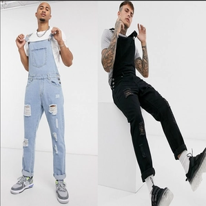 Men's Ripped Denim Overalls Distressed Cotton Bib Jumpsuit Streetwear Casual Straight Leg Dungarees For Men