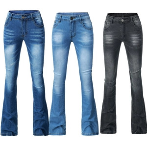 Women's flare jeans in dark blue, light blue and grey with whiskered stretch denim fabric