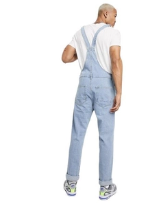 Classic men's light blue denim overalls featuring a washed finish and back pocket details