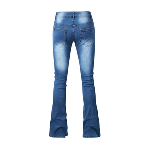 Women's vintage blue stretch flare jeans with retro washed finish and back pocket detail
