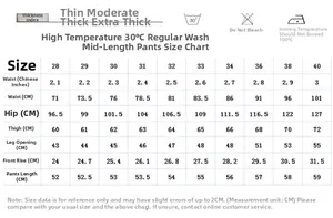 Detailed size chart for men's denim shorts with measurements from size 28 to 40