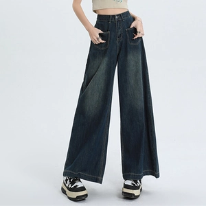 Dames jeans met hoge taille en wijde pijpen, retro wassing en vintage voorzakken