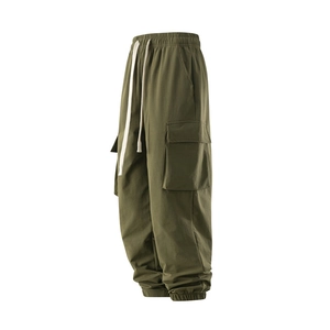 Army green cargo pants for men with drawstring elastic waist and multi-pocket jogger style