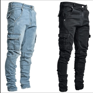 Jean Cargo Skinny pour Hommes Multi Poches Pantalon en Denim Streetwear Coupe Slim Coton Lavé Décontracté