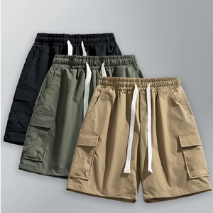 Multi-color men's drawstring cargo shorts with utility side pockets in khaki, green, black
