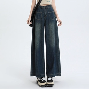 Vintage damesjeans met hoge taille en wijde pijpen, blauw gewassen met zakken voor