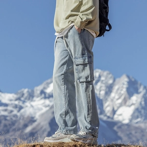 Jeans Cargo Droit pour Hommes en Denim de Coton Lavé Multi Poches Taille à Cordon Pantalon de Mode Décontracté Extérieur
