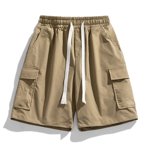 Men's khaki cargo shorts with elastic drawstring waist and large side flap pockets