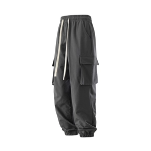 Men's dark grey multi-pocket cargo joggers with elastic drawstring waist and cuffed hems