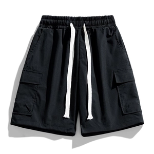 Men's black cargo shorts with elastic waist, white drawstrings and side flap pockets