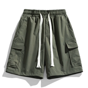 Army green cargo shorts with drawstring elastic waist and side flap pockets on white background