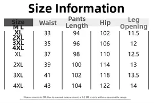 Detailed size chart for men's cargo pants showing waist and length in centimeters