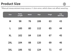 Tableau des tailles détaillé pour jeans cargo homme du M au 3XL avec mesures en cm