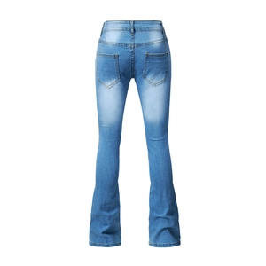 Detailed back view of high waist light blue flare jeans with washed finish and pockets
