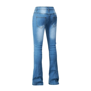 Rear view of classic blue flare jeans with back pockets and stone-wash finish detail