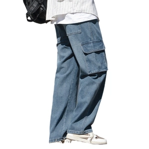 Jean cargo homme coupe droite décontractée avec grandes poches latérales bleu denim
