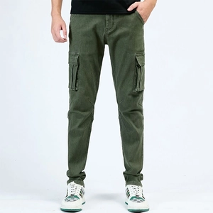 Men's Casual Denim Cargo Pants Slim Straight Fit Stretch Multi Pocket Long Trousers Spring Fashion Workwear