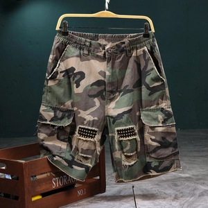 Men's Cargo Shorts Woodland Camouflage Cotton Canvas Distressed Ripped Streetwear Bottoms With Metal Rivets And Pockets