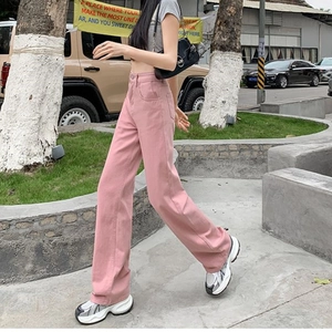 Pantaloni jeans larghi rosa antico a vita alta da donna in stile street fashion
