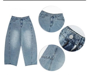 Detailansichten der hellblauen Jeans mit Fokus auf hohe Taille und Nahtqualität