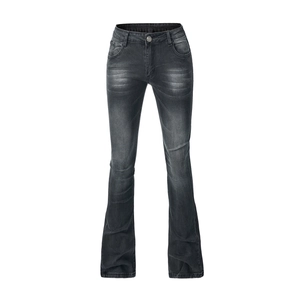 Dark grey wash flare jeans for women with vintage whiskering and high waist stretch fit