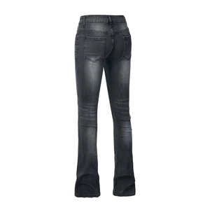 Detailed back view of dark grey slim bootcut jeans with pockets and washed texture