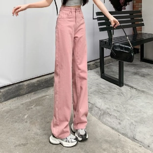 Jeans rosa a vita alta con gamba larga dalla vestibilità ampia e un elegante drappeggio