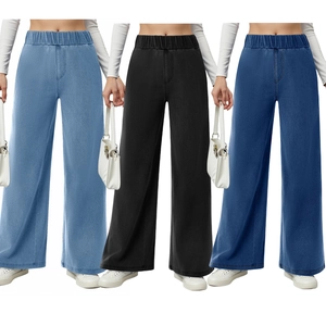 Damen Jeans mit hoher Taille und elastischem Bund in Hellblau, Schwarz und Dunkelblau