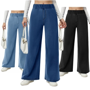 Damen Jeans mit hoher Taille, weitem Bein, geradem Schnitt und elastischem Bund, mehrfarbig