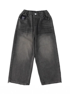 Boys Casual Washed Dark Gray Jeans Loose Wide Leg Straight Denim Pants Elastic Waist Bottoms For Kids Teens Streetwear
